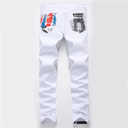 2022 fashion stylish cool mens pants jeans with print graffiti painted denim slim fit white jeans men hip hop rock street wear - MAGNET MARKET