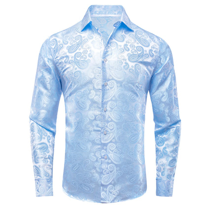 Hi-Tie Long Sleeve Silk Shirts for Men Suit Dress Outwear Male Slim Jacquard Wedding Floral Paisley Gold Blue Red High Quality