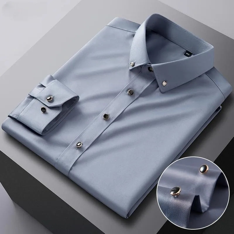 Business Fashion Men's Long Sleeve Shirt Solid Color Casual Micro Stretch Formal Drill Collar High Quality Luxury Men's Clothes