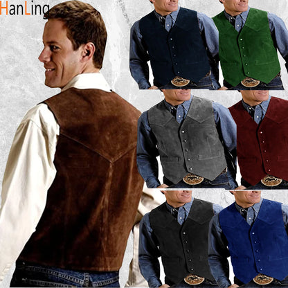 Men's Cow Leather Suit Waistcoat Steampunk Vest Western Cowboy Style S-XXXL - MAGNET MARKET