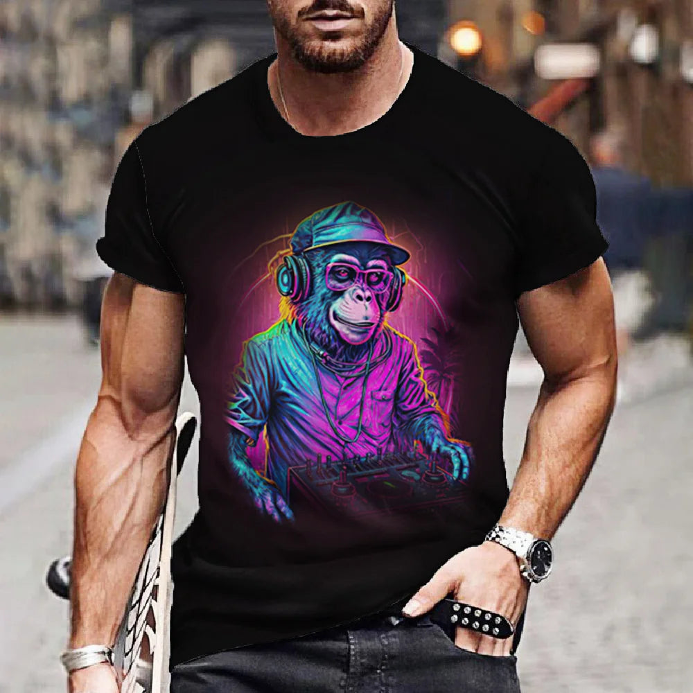 Men's T-Shirt Hip Hop Monkey Print Shirts O-Neck T Shirt Summer Male Tops Short Sleeve Casual Man Tees Oversized Animal Clothing