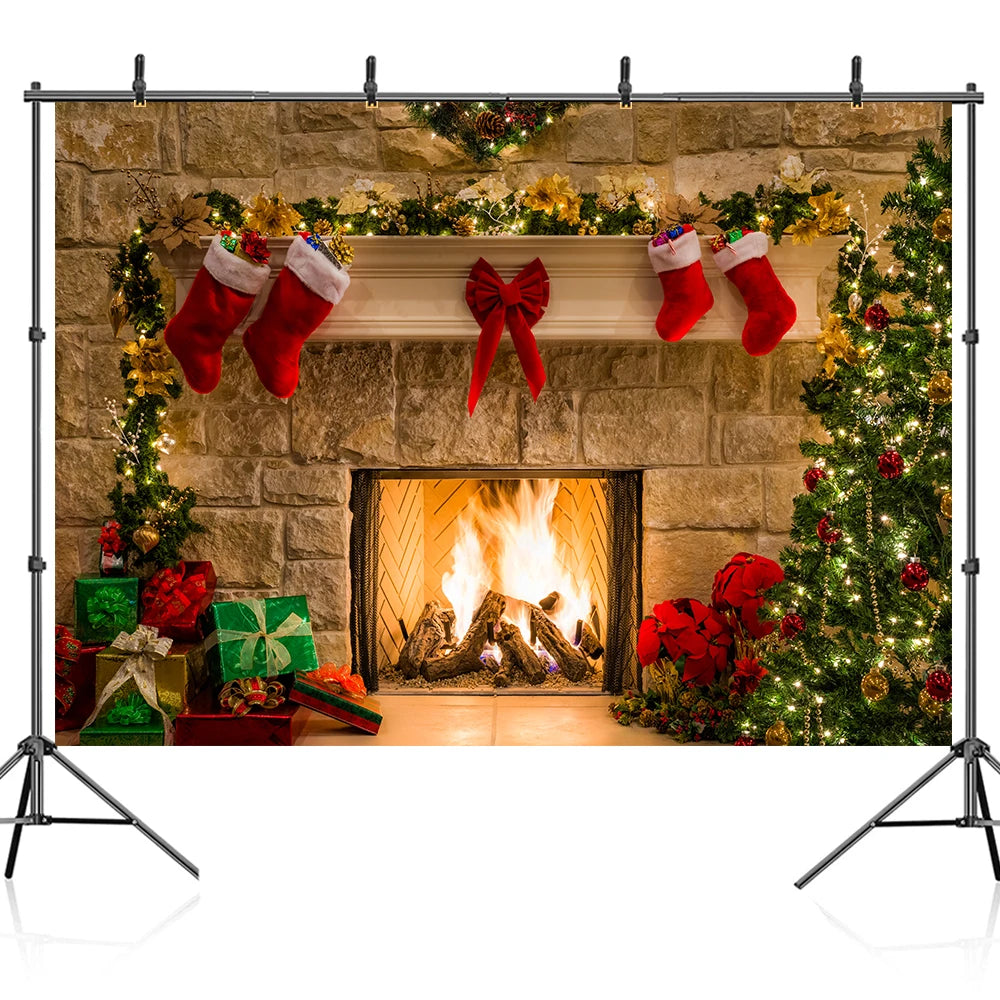 Beenle Merry Christmas Photography Background Tree Gift Window Fireplace Portrait Family Party Decor Backdrop for Photo Studio