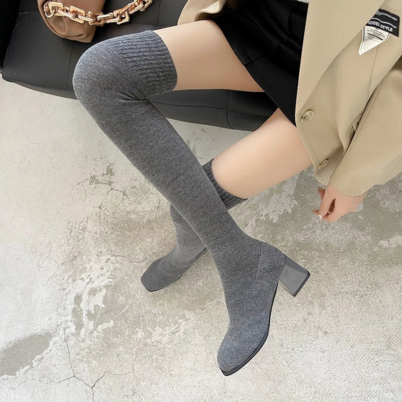 Thigh High Boots Shoes Sock Women's Over-the-knee Elegant Woman Sexy Tights Chunky Heels 2022 Autumn Winter Knitting Long boot