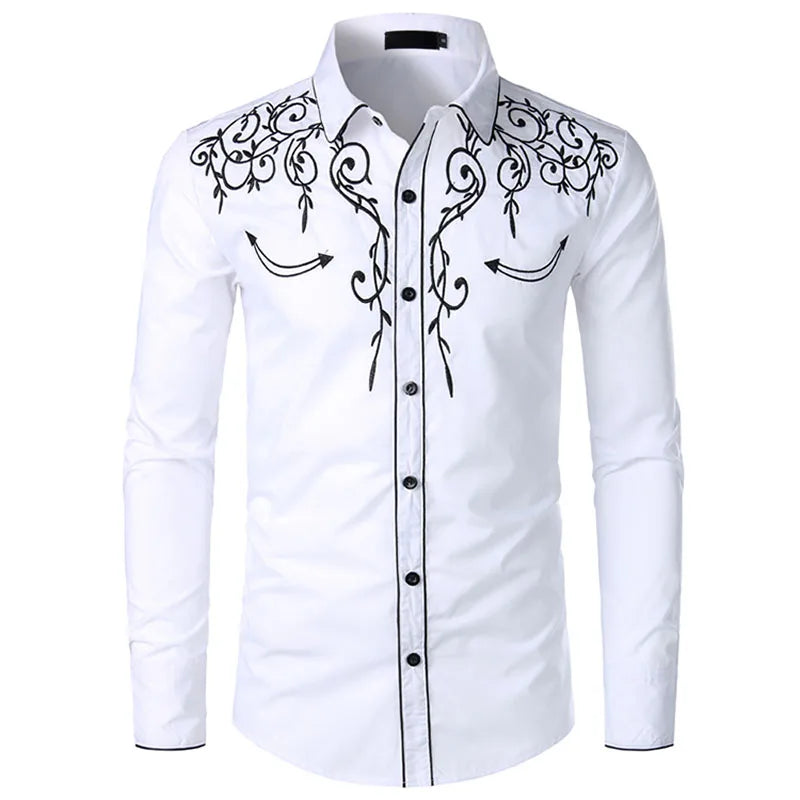 Western Cowboy Embroidery Shirts Men Casual Long Sleeve Slim Fit Shirt Male Wedding Party Social Men's Club Prom Chemise Homme