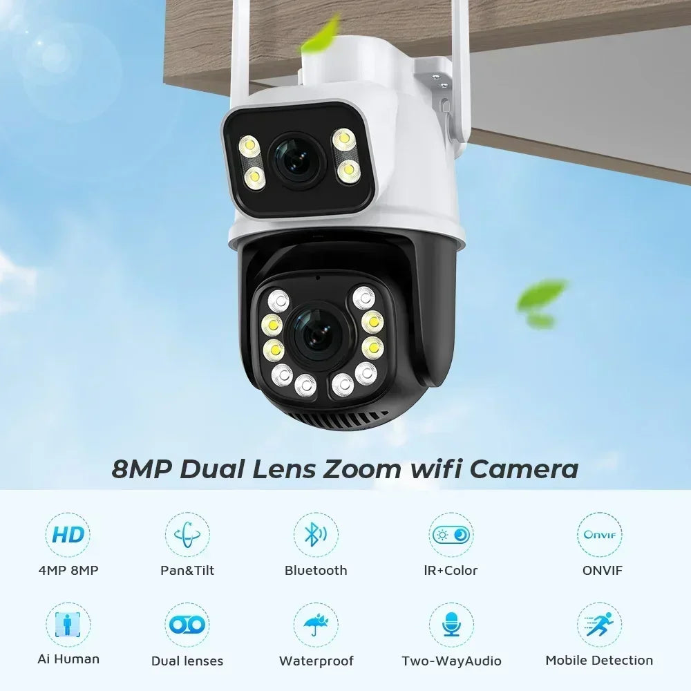 8MP 4K PTZ WiFi IP Camera Security Protection Dual Lens Screen Color Night Vision Auto Track CCTV Surveillance Camera ICSEE APP