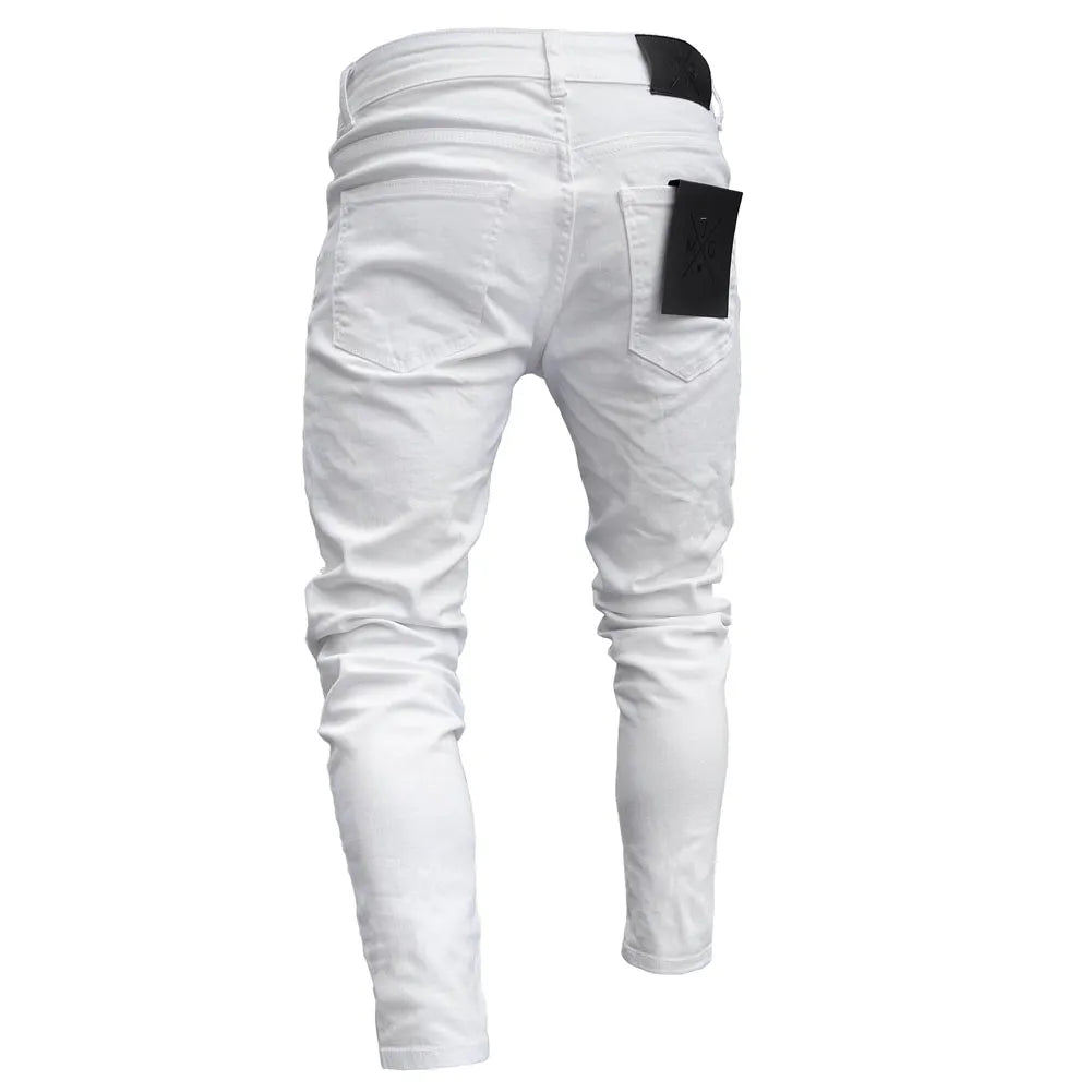 White Embroidery Jeans Men Cotton Stretchy Ripped Skinny Jeans High Quality Hip Hop Black Hole Slim Fit Oversize Denim Pants - MAGNET MARKET