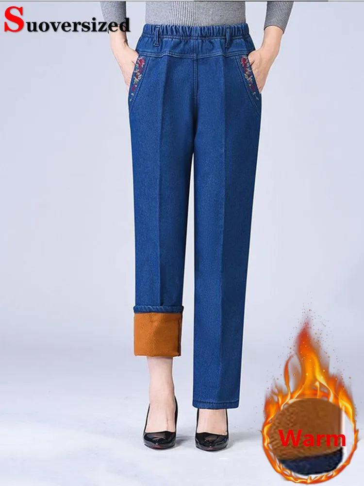 Winter Velvet Lined Baggy Jeans Straight Pants Mom Plush Elastic High Waist Vaqueros Pantalones Vintage Warm Thick Denim Broek