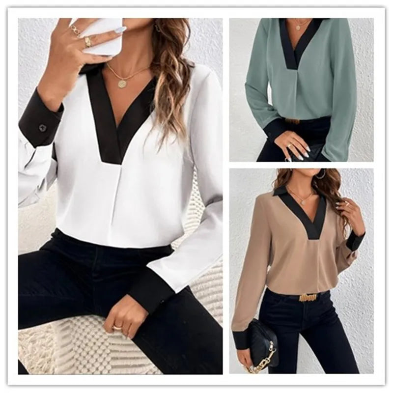 Women's Fashion V-neck Contrast Long Sleeve Casual Shirt 2023 Autumn/Winter New Elegant Office Lady Blouse Women Tops S-XXL