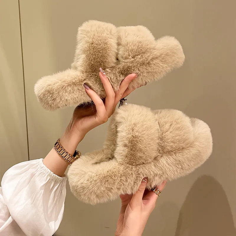 Winter Fluffy Slippers Women 2023 New House Home Fur Slippers For Women Flat Platform Cozy Fuzzy Indoor Shoes Korean Slides