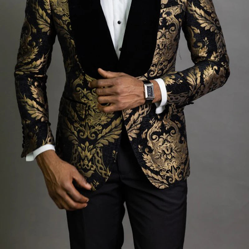 Black Floral Jacquard Men Suits for Prom 2 Piece Slim Fit with Velvet Shawl Lapel Wedding Groom Tuxedo Male Fashion Clothes 2023 - MAGNET MARKET