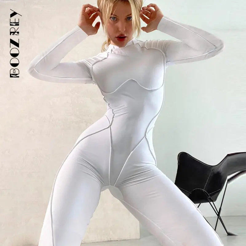 Summer Contrast Stitch Backless Bodycon Jumpsuit Sports One Piece Outfits 2023 White Skinny Bodycon Womens Streetwear