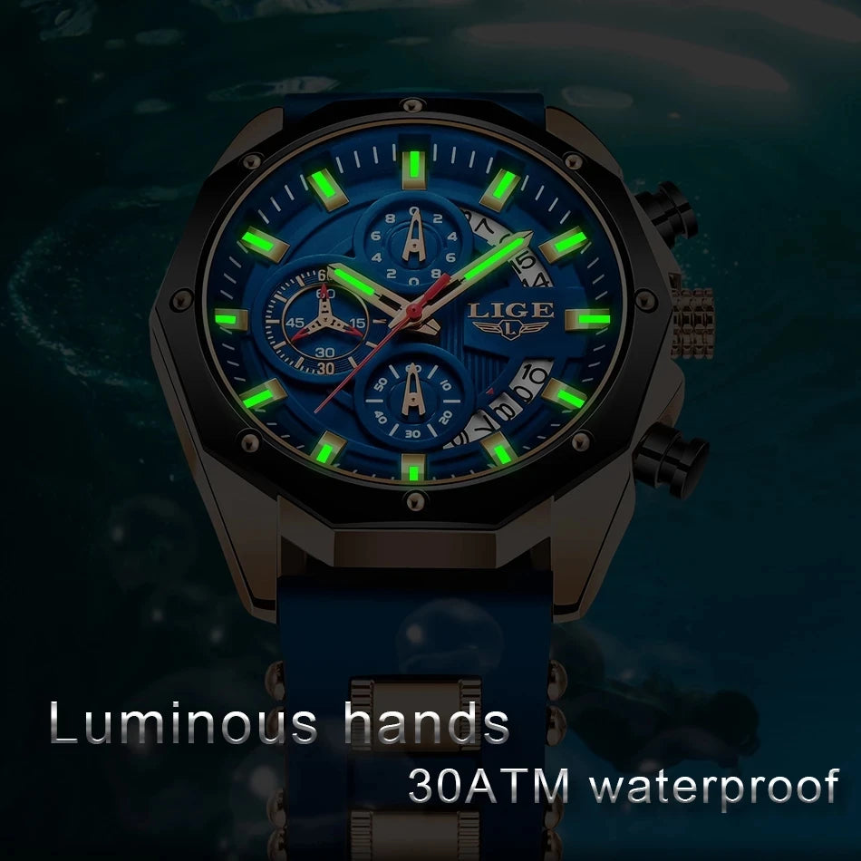 LIGE Men Watch Brand Luxury Silicone Strap Waterproof Sport Quartz Chronograph Military Wristwatch Men Clock Relogio Masculino