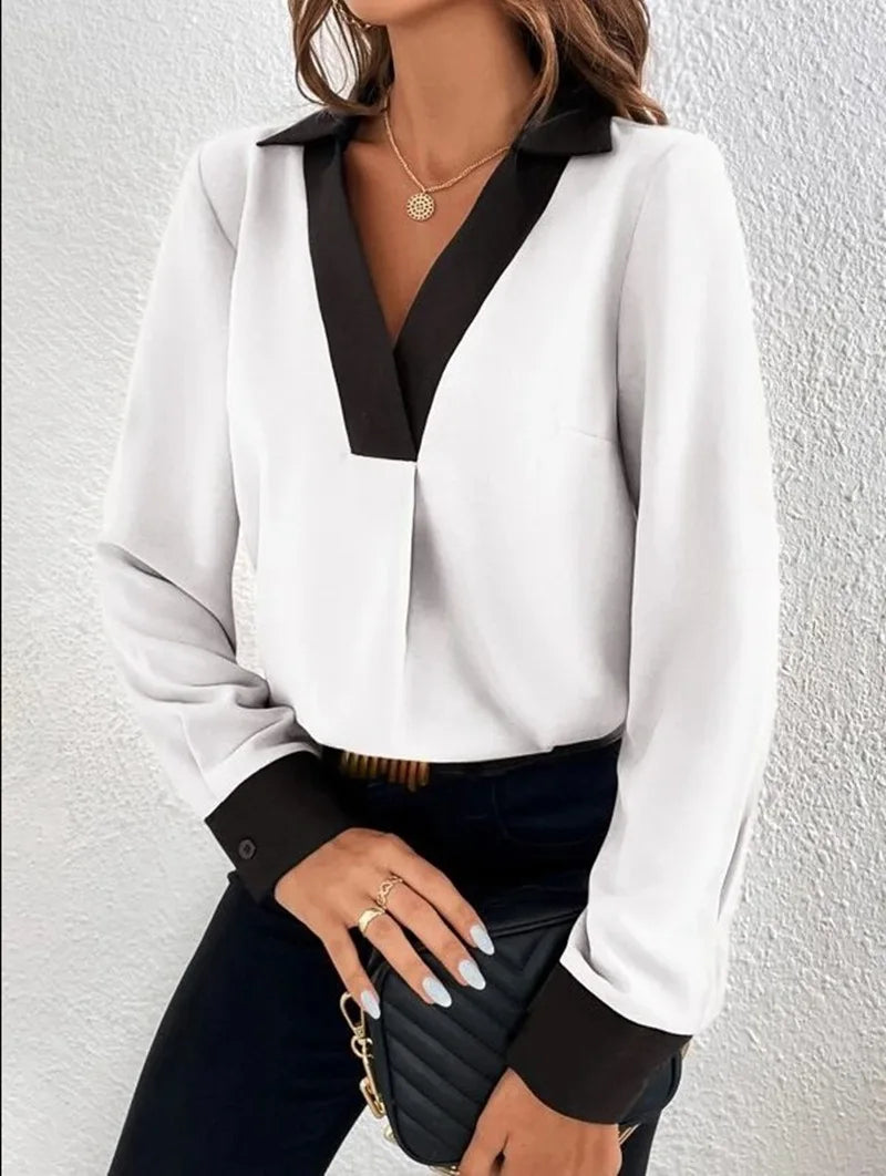 Women's Fashion V-neck Contrast Long Sleeve Casual Shirt 2023 Autumn/Winter New Elegant Office Lady Blouse Women Tops S-XXL