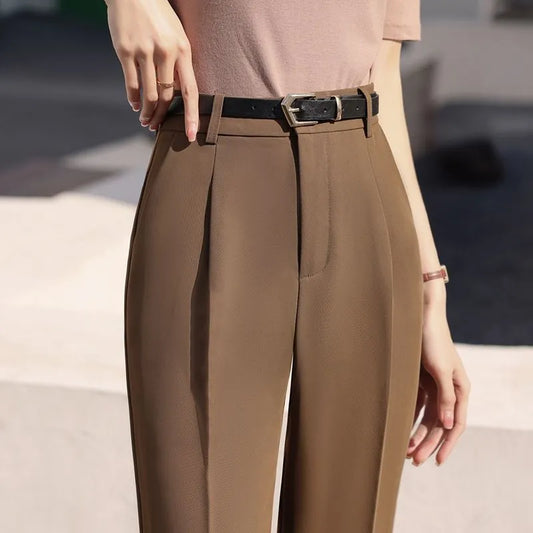 Office Lady Fashion Coffee Harlan Suit Pants Spring Summer Thin Women Koreon Women High Waist Casual Slim Cropped Trousers 2023