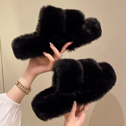 Winter Fluffy Slippers Women 2023 New House Home Fur Slippers For Women Flat Platform Cozy Fuzzy Indoor Shoes Korean Slides