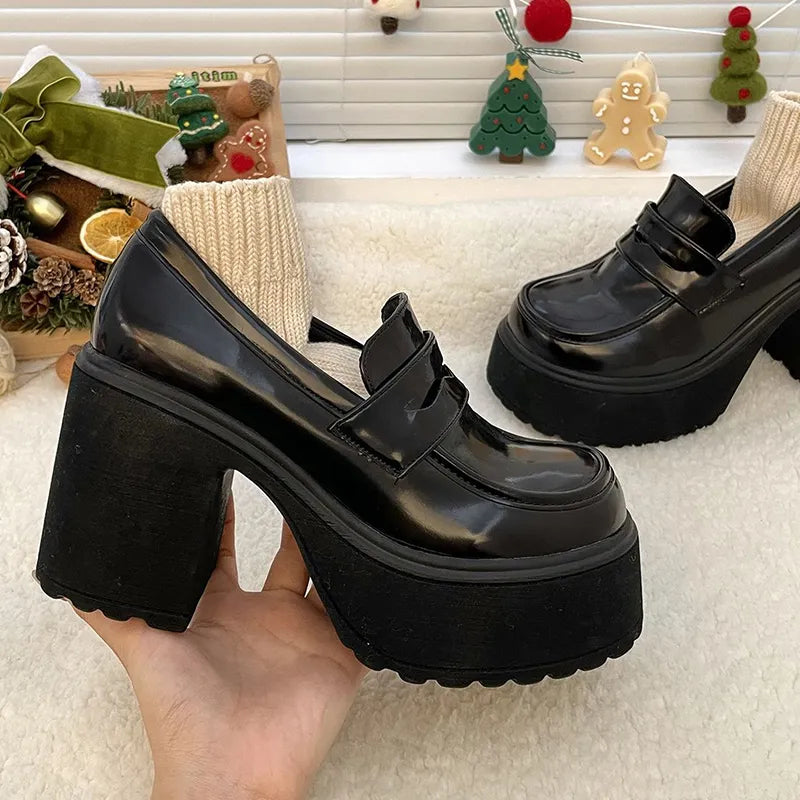 Super High Heels Loafers Women 2023 Autumn Patent Leather Chunky Platform Pumps Woman Slip On Black Jk Uniform Shoes Mary Janes