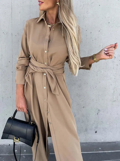 S~3XL Solid Long Sleeve Shirt Dress Women Lace up Single Breasted Beach Maxi Party Dresses Turn-down Collar Split Sash Vestidos