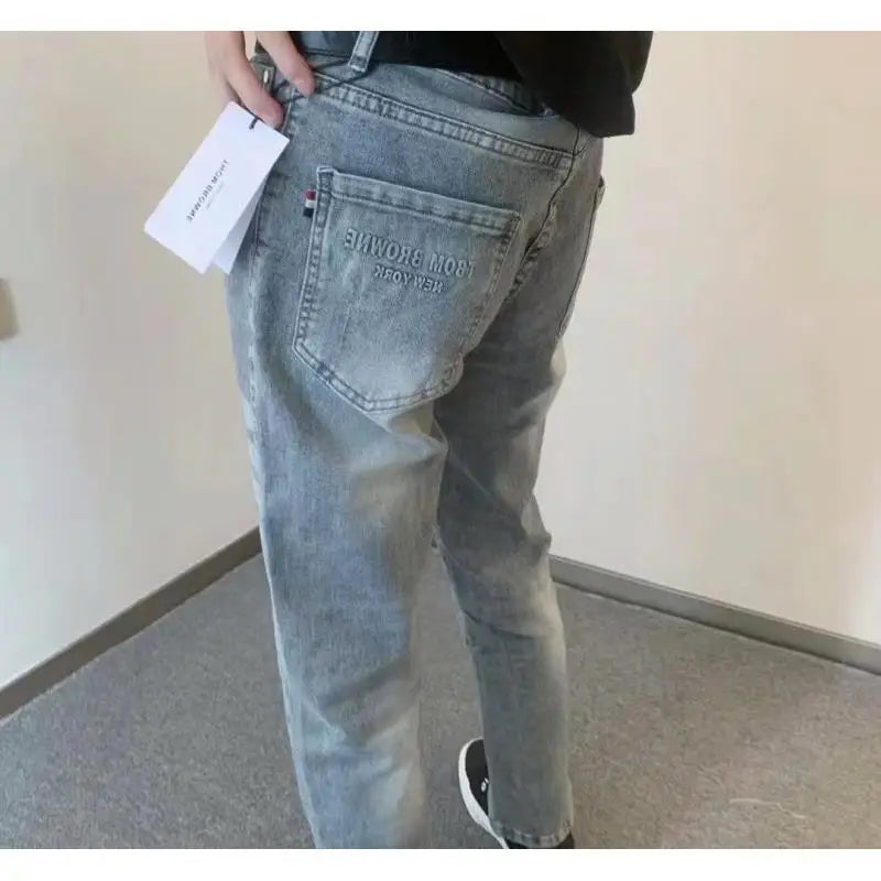 New Spring Autumn Korean Fashion Work Wear Denim Hip-hop Four Bars Printing Slim Classic Jeans Men's Luxury Jeans Trousers - MAGNET MARKET