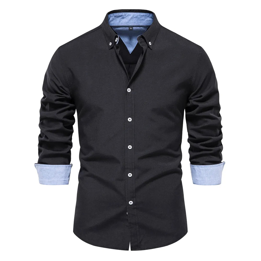 2023 New Autumn Oxford Shirt For Men Long Sleeve Solid Color Social Shirts Cotton Turn-down Collar Blouse Men Designer Clothes