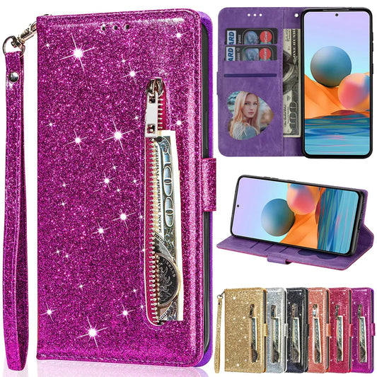 Wallet Glitter Flip Leather Case For Xiaomi Redmi 12C 10C 9A 9C 9T Note 12S 12 Pro 11S 11 Pro 10 Pro 9 8 7 Poco X5 Pro 11T 12T