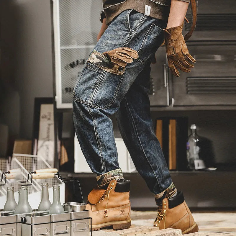 New Spring Autumn Vintage Big Pocket Male Fashion Denim Work Wear Cargo Casual Korean Hip-hop Baggy Jeans Men Overalls Trousers - MAGNET MARKET