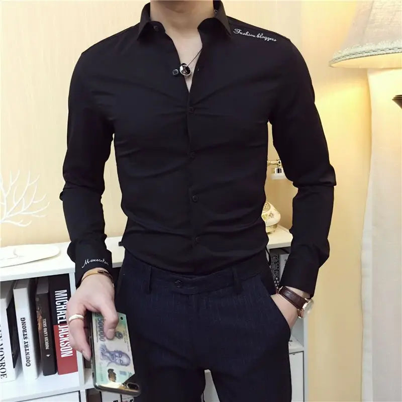 2023 Spring and Autumn Men's Solid Color Slim Fit Button Embroidery Letters Casual Fashion Elegant Commuter Long Sleeve Shirt