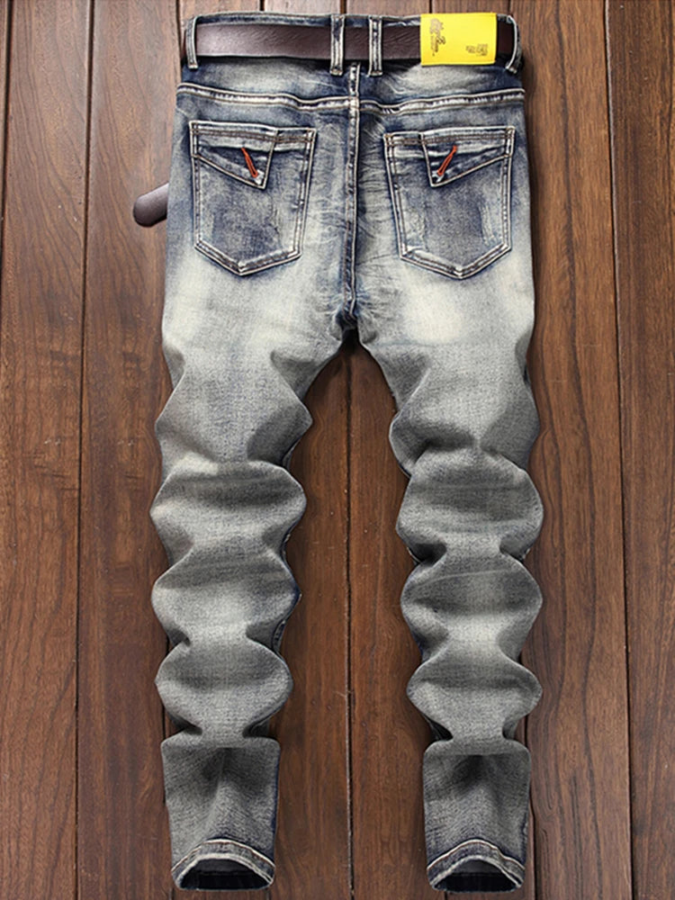 2024 New Retro Men Stitching Simple Jeans Personality Mid-Waist Slacks Fashion Zipper Motorcycle Hip Hop  Clothing