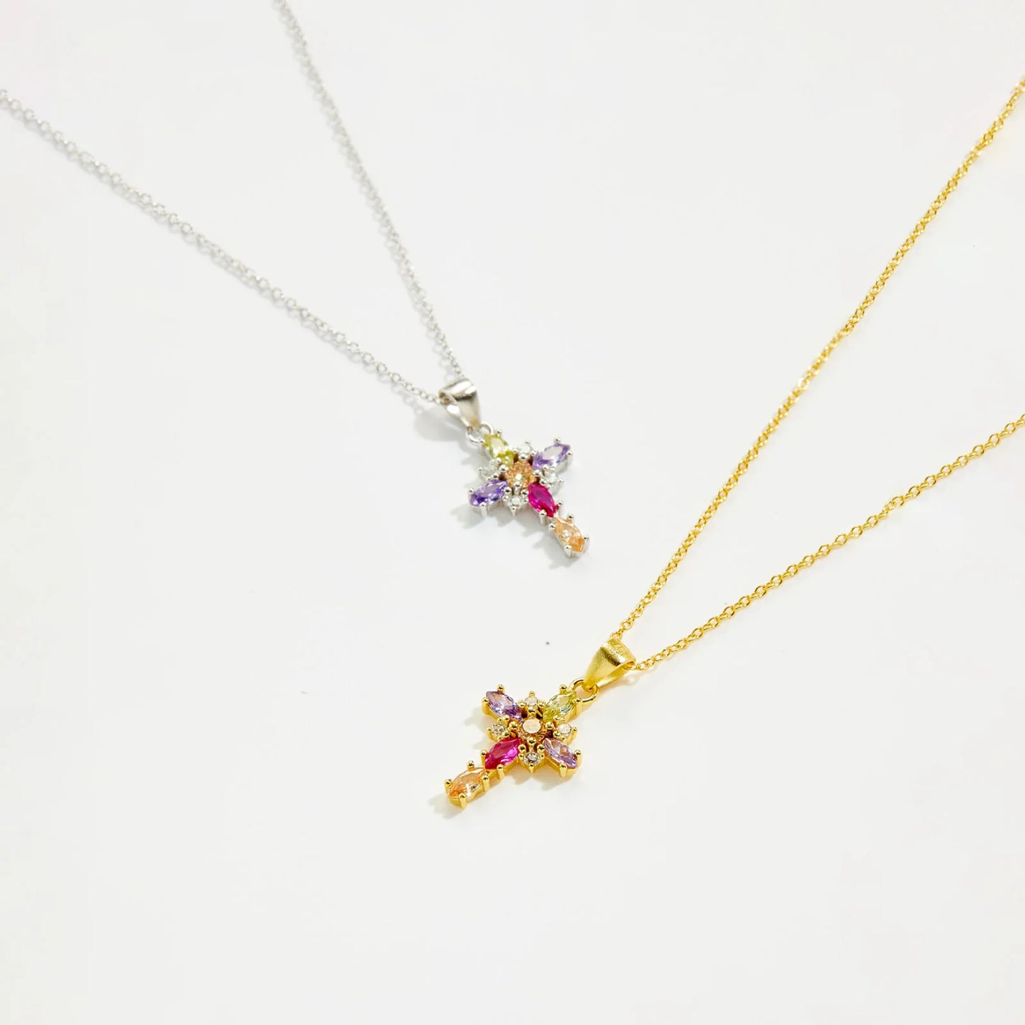 ANDYWEN 925 Sterling Silver Gold Rainbow CZ Ovals Cross Pendant Long Chain Necklace 2021 Fine Jewelry Crystal Luxury Accessorie