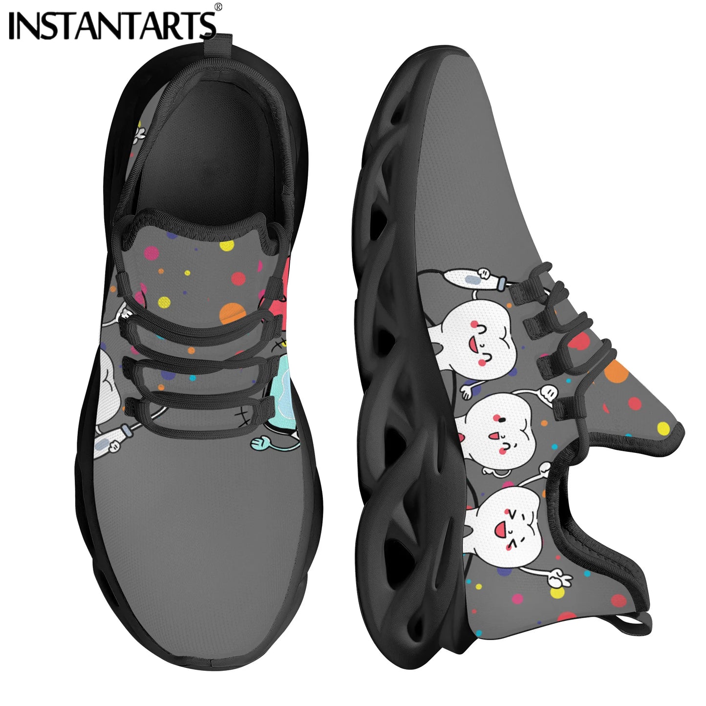 INSTANTARTS New Trend Women Flats Cartoon Dentist Tooth Pattern Casual Shoes Breathable Mesh Female Sneakers Zapatos Mujer 2022