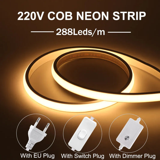 COB LED Neon Strip Light 220V 288LEDs/m CRI RA90 Flexible Outdoor LED Tape With Switch/Dimmer EU Power Plug For Kitchen Lighting