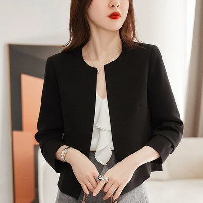 Women Fashion Blazer Korean Simple O Neck Coat Fall Office Lady Elegant Suit Thin Solid Classic Casual Long Sleeve Outerwear