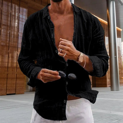 Men Shirt Lapel Pleated Long Sleeve Shirt Tops Solid Color Single Breasted V-neck Casual Shirt