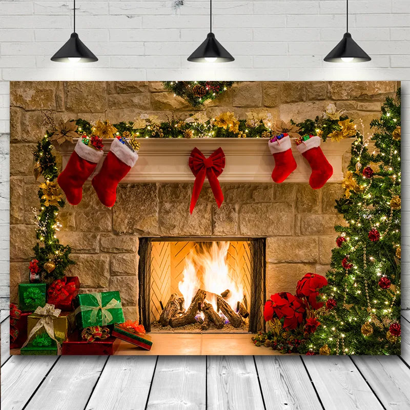 Beenle Merry Christmas Photography Background Tree Gift Window Fireplace Portrait Family Party Decor Backdrop for Photo Studio