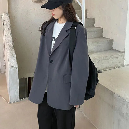 Lcuyever Korean Style Gray Blazer for Women Spring Autumn Long Sleeve Loose Suit Coat Woman Single Breasted Chic Jackert Female