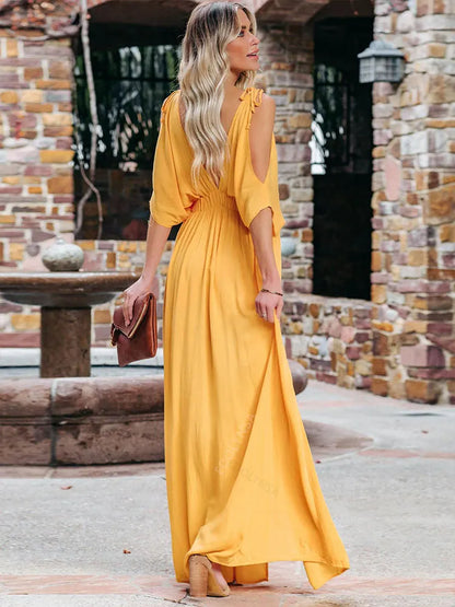 Boho Chiffon V-Neck Off Shoulder Sleeve Slit Tunic Dress Women 2023 Summer Elegant Solid Color Beach Wear Maxi Dresses A1445