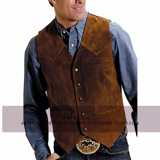 Men's Cow Leather Suit Waistcoat Steampunk Vest Western Cowboy Style S-XXXL - MAGNET MARKET