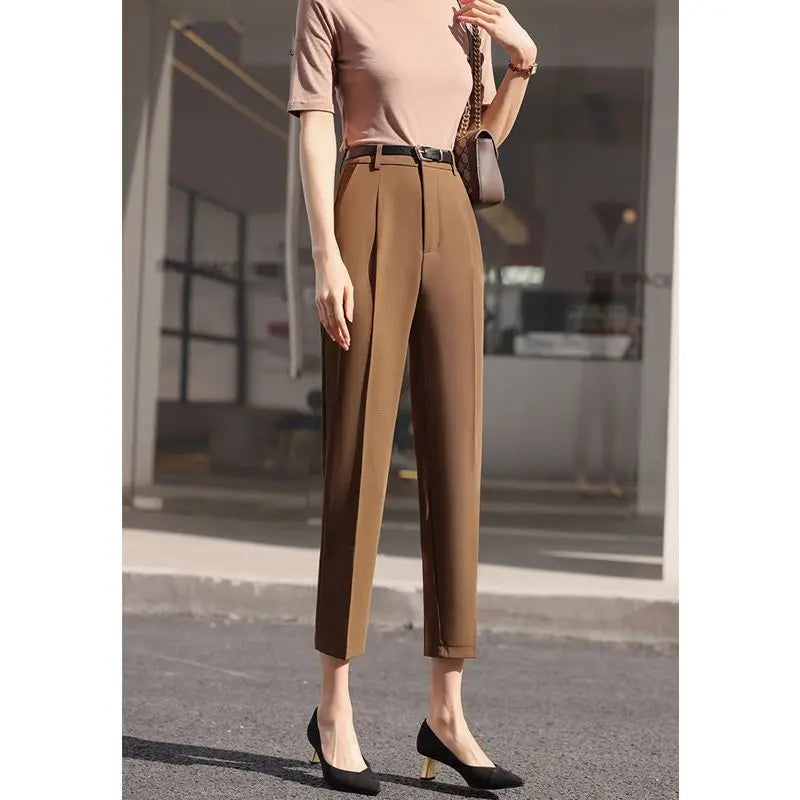 Office Lady Fashion Coffee Harlan Suit Pants Spring Summer Thin Women Koreon Women High Waist Casual Slim Cropped Trousers 2023