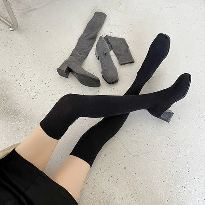 Thigh High Boots Shoes Sock Women's Over-the-knee Elegant Woman Sexy Tights Chunky Heels 2022 Autumn Winter Knitting Long boot