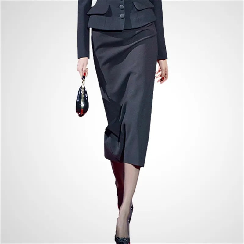 Runway Designer Notched Collar Blazer Coat & Bodycon Midi Skirts Women Fashion 2 Pcs Sets Women Office Work Dress Sets