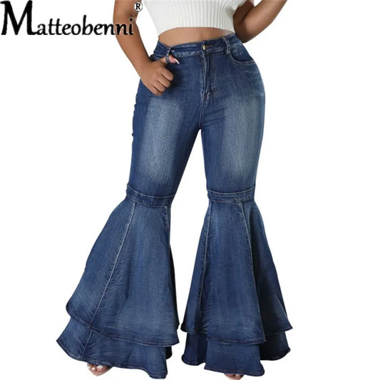 Casual Versatile Big Flared Shape Splicing Jeans Women Fashion Wide Leg Blue Washed Denim Pants Commuter Cotton Stretch Trousers