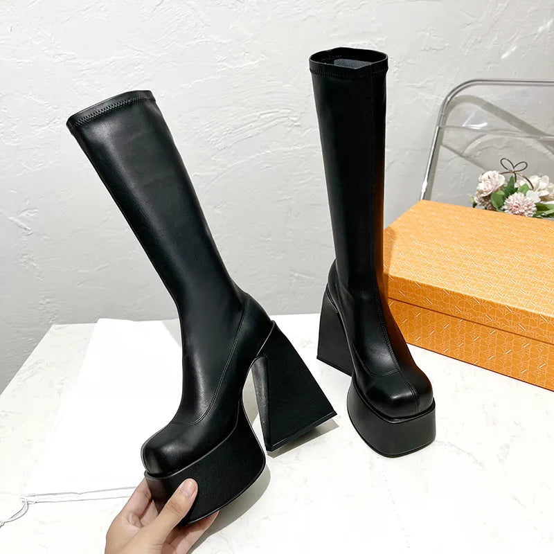 Spring Summer skinny high heels runway Naked Wolfe Spice Black Stretch Knee-High Boots platform metal wolfe head women shoes