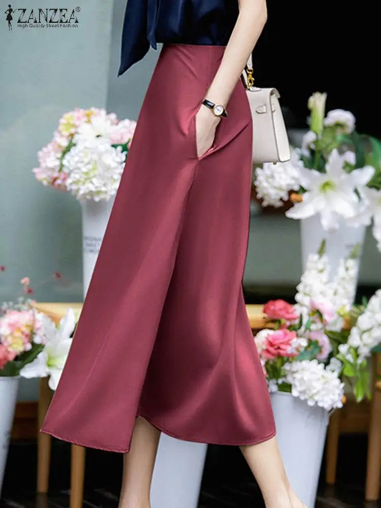 ZANZEA 2023 Fashion Autumn High Waist Skirt Elegant Women Office Lady Satin A-line Midi Skirts Summer Solid Faldas Saia Jupe