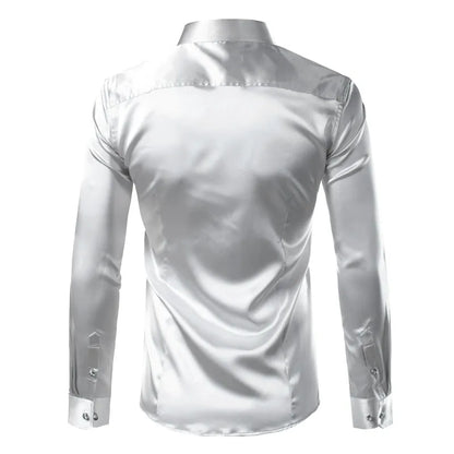 Silk Shirt Men 2022 Satin Smooth Men Solid Tuxedo Shirt Business Chemise Homme Casual Slim Fit Shiny Gold Wedding Dress Shirts