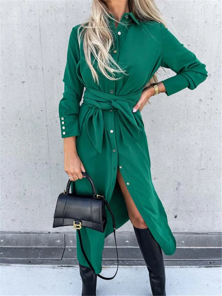 S~3XL Solid Long Sleeve Shirt Dress Women Lace up Single Breasted Beach Maxi Party Dresses Turn-down Collar Split Sash Vestidos