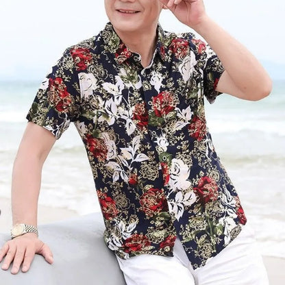 Summer Short Sleeve Shirt Men's Ice Silk Turn-down Collar Blouse Loose Large Floral Printing Button Elegant Fashion Tops