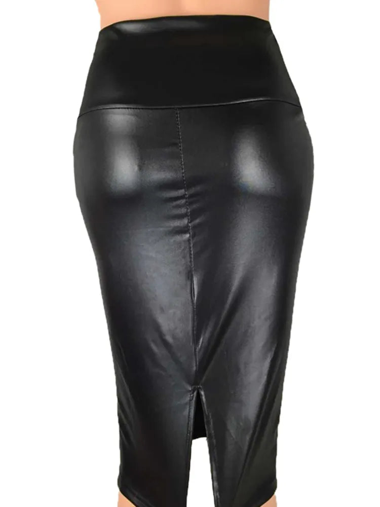 CUHAKCI  Back Split Women Sexy Skirt Black Bodycon Clubwear Skirt High Waist PU Leather Skirt Vintage Long Pencil Skirts