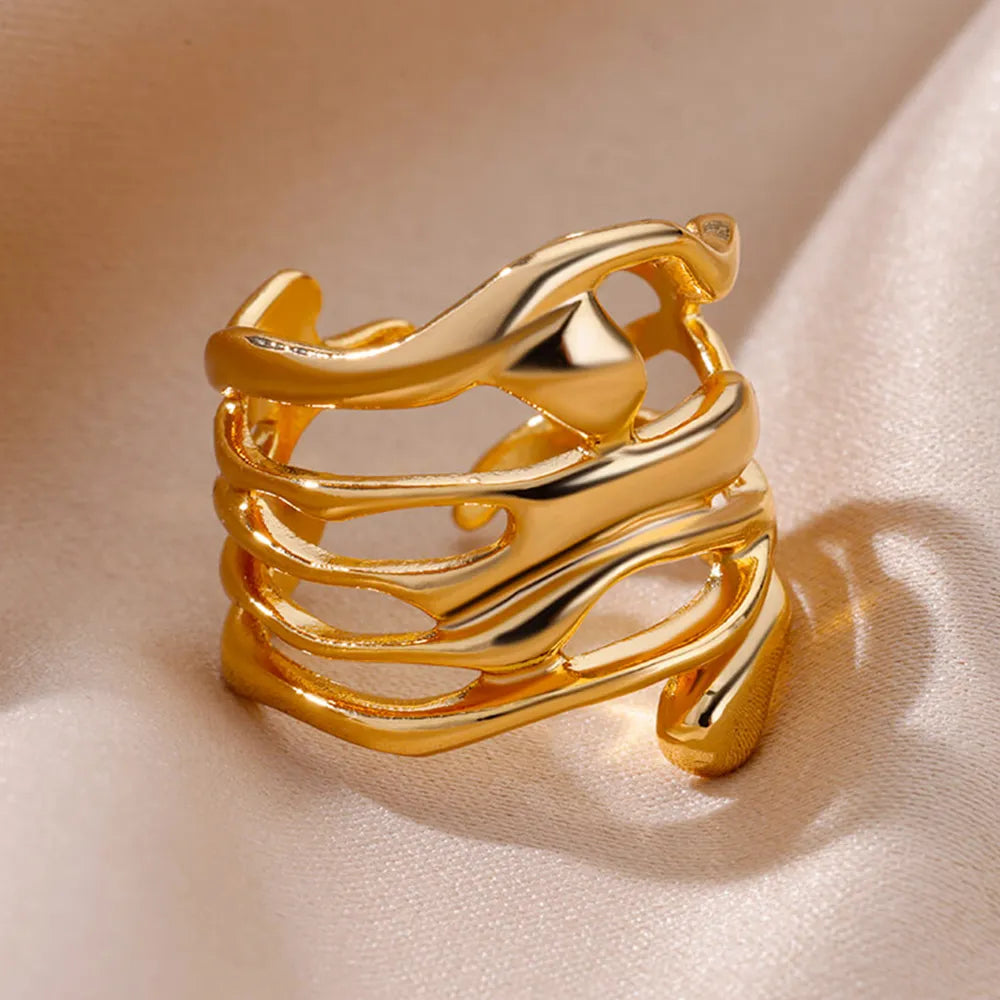 Statement Gold-Colored Hollow Wide Stainless Steel Rings - Unisex Finger Jewelry - MAGNET MARKET