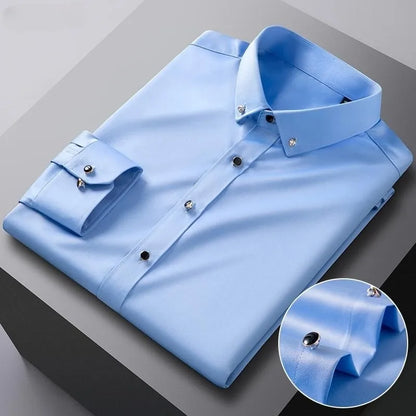 Business Fashion Men's Long Sleeve Shirt Solid Color Casual Micro Stretch Formal Drill Collar High Quality Luxury Men's Clothes