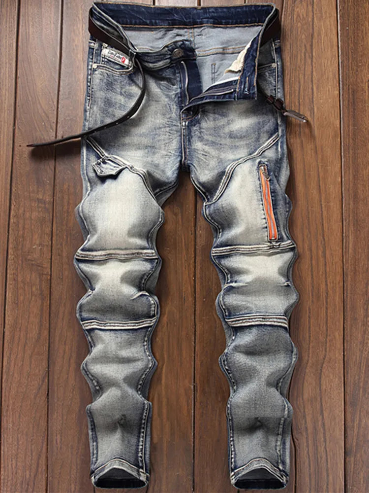 2024 New Retro Men Stitching Simple Jeans Personality Mid-Waist Slacks Fashion Zipper Motorcycle Hip Hop  Clothing