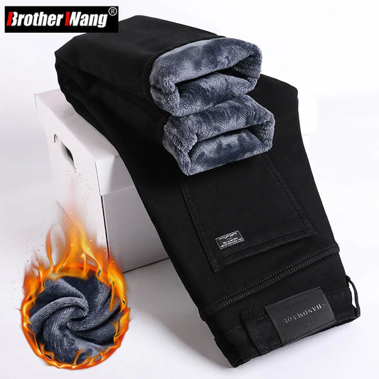 Men's Warm Fleece Jeans Winter New Thick Velvet Slim Fit Business Casual Pants Classic Black Blue Elastic Cotton Denim Pants - MAGNET MARKET